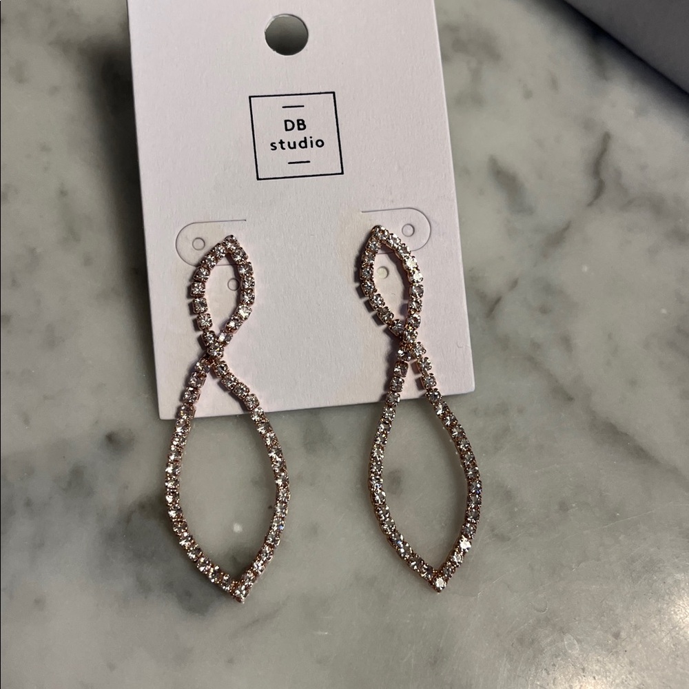 Rose gold & rhinestone 3 inch dangle pierced  earrings for dress or  a wedding